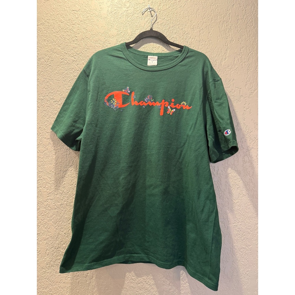 Champion Green Floral Butterfly Logo T Shirt Mens XL Made in Honduras